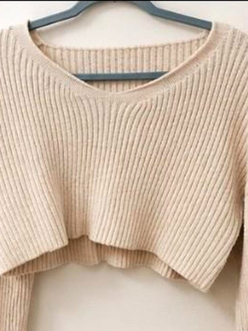 Cream Cropped Rib Knit V-Neck Oversized Long Sleeve Sweater